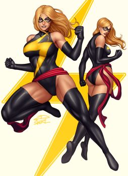 1girl 2dswirl ass blonde_hair blue_eyes boots breasts carol_danvers domino_mask elbow_gloves eye_mask gloves groin_tendon highres large_breasts leotard long_hair looking_at_viewer marvel mask midriff ms._marvel sash scarf simple_background smile solo superhero_costume thighhighs