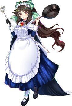 Rule 34 | 1girl, alternate costume, alternate hairstyle, apron, asymmetrical legwear, black gloves, black shoes, blue cape, blue dress, bow, bowtie, breasts, brown hair, cape, chest eye, closed mouth, dress, enmaided, frying pan, full body, game asset, gloves, green bow, hair bow, highres, holding, holding frying pan, holding spatula, long dress, long sleeves, looking at viewer, maid, maid apron, maid headdress, medium breasts, mismatched legwear, missing wings, official art, ponytail, red eyes, reiuji utsuho, rotte (1109), shoes, simple background, single glove, smile, solo, spatula, third-party source, third eye, touhou, touhou lostword, transparent background, two-sided cape, two-sided fabric, white apron, white bow, white bowtie, white cape