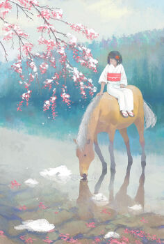 Rule 34 | 1girl, animal, black hair, bob cut, branch, cherry blossoms, closed mouth, commentary request, day, flower, full body, hair flower, hair ornament, highres, horse, japanese clothes, kimono, long sleeves, obi, okobo, original, outdoors, platform sandals, red flower, red sash, reflection, reflective liquid, ripples, sandals, sash, scenery, short hair, sitting, sitting on animal, smile, solanoko, solo, spring (season), tabi, water, white kimono