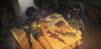 2girls alina_svard_kovalenko_(laotianaviator) ar-15 avee_(silent_kookaburra) black_hair black_mask black_pantyhose boots bulletproof_vest carpet combat_boots combat_helmet combat_knife combat_shirt commission computer crossed_legs denim denim_shorts generator glock gun handgun headset helmet highres interior knife laptop long_hair magazine_(weapon) map mask multicolored_hair multiple_girls night_vision_device optical_sight original pantyhose paperboathat radio_antenna rifle short_hair shorts sitting streaked_hair table walkie-talkie weapon wooden_floor