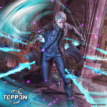 1boy attack_trail black_boots black_jacket black_pants black_vest boots buttons capcom casting_spell ceiling character_request checkered_background closed_mouth copyright_logo copyright_name copyright_notice dutch_angle floating floating_clothes floating_object floating_sword floating_weapon foot_out_of_frame foot_up_heel_up forehead_jewel gem glowing glowing_eyes hair_slicked_back highres holding holding_sheath holding_sword holding_weapon incoming_attack indoors jacket katana light_particles logo long_sleeves looking_at_viewer male_focus multiple_swords nose open_clothes open_jacket pants pillar purple_eyes purple_gem sheath short_hair solo standing standing_on_one_leg sword teppen vest weapon white_hair white_trim yu_cheng_hong