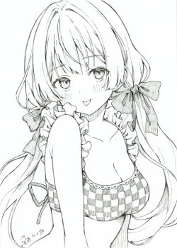 1girl arms_at_sides bikini blush bow breasts choppy_bangs cleavage closed_mouth commentary_request dot_nose frilled_bikini frills greyscale hair_bow highres large_breasts long_hair looking_at_viewer low_twintails monochrome omagari_kei original solo swimsuit tongue tongue_out traditional_media twintails upper_body