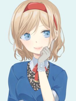 Rule 34 | 1girl, absurdres, alice margatroid, alternate costume, blonde hair, blue eyes, blue shirt, bow, bowtie, breasts, closed mouth, commentary request, fishnet gloves, fishnets, gloves, grey background, hairband, hand on own cheek, hand on own face, hand up, highres, looking to the side, medium breasts, red bow, red bowtie, red hairband, shirt, short hair, short sleeves, simple background, smile, solo, touhou, tsuno no hito, upper body