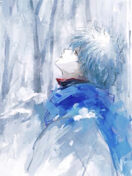 1boy bare_tree blue_scarf collared_shirt from_side gintama head_back highres looking_up lushu_kuye male_focus outdoors parted_lips popped_collar profile sakata_gintoki scarf shirt snow solo tree upper_body white_hair