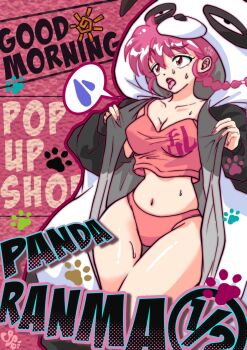 Rule 34 | braid, breasts, brown eyes, character name, cleavage, commentary, copo000, copyright name, english text, hot, image in speech bubble, midriff, paw print, pink hair, pink nails, pulling own clothes, ranma-chan, ranma 1/2, saotome genma (panda), single braid, sun symbol, sweat, tongue, tongue out