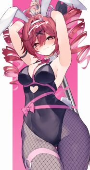 1girl absurdres animal_ears black_leotard border bound bound_wrists bow bowtie breasts commentary_request covered_navel cross_hair_ornament cuffs diieru facial_mark fake_animal_ears fishnet_pantyhose fishnets hair_ornament handcuffs highres kasane_teto leotard long_hair looking_at_viewer medium_breasts pantyhose pink_background pink_bow pink_bowtie pink_eyes pole rabbit_ears rabbit_hole_(vocaloid) solo stripper_pole teardrop_facial_mark thigh_strap utau wavy_mouth white_border