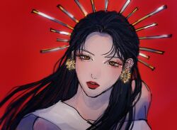 Rule 34 | 1girl, animification, black hair, close-up, commentary, dress, earrings, english commentary, eyelashes, eyeshadow, gfriend, hair ornament, highres, jewelry, k-pop, long hair, looking at viewer, makeup, poyo01158711, real life, red background, red eyeshadow, red lips, solo, sowon (gfriend), upper body, white dress