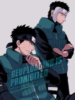 2boys black_hair black_shirt closed_mouth crossed_arms flak_jacket forehead_protector from_side highres jacket konohagakure_symbol long_sleeves male_focus multiple_boys naruto_(series) naruto_shippuuden red_eyes sameccor sharingan shirt short_hair smile uchiha_obito yamato_(naruto)