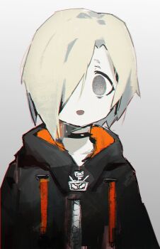 1girl :d black_choker black_hoodie blonde_hair choker chromatic_aberration commentary_request empty_eyes female_focus grey_background grey_eyes hair_over_one_eye highres hood hood_down hoodie idolmaster idolmaster_cinderella_girls looking_at_viewer one_eye_covered open_mouth shirasaka_koume short_hair simple_background smile solo spiked_choker spikes static waterkuma