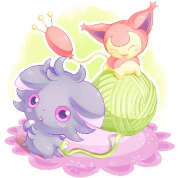 blush cat closed_eyes commentary_request espurr gen_3_pokemon gen_6_pokemon highres nintendo no_humans open_mouth pokemon pokemon_(creature) pokemon_focus purple_eyes putto skitty smile white_background yarn yarn_ball