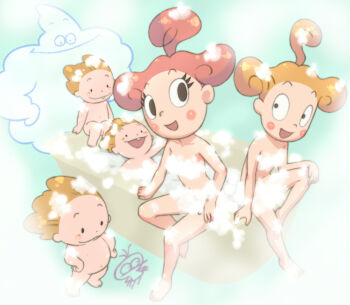 2girls 4boys aqua_background barefoot bath bathtub black_eyes blonde_hair blush blush_stickers brown_hair bubble_bath buck_teeth character_request collarbone connie_(ponkickies) creature flat_chest hand_on_own_knee hands_on_own_hips hirake!_ponkikki loli multiple_boys multiple_girls navel nude open_mouth red_shirt shirt short_hair shota sitting smile soap_bubbles standing steam teeth topknot water yamanokonza
