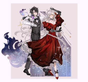 1boy 1girl alternate_costume black_gloves black_hair black_shoes blue_eyes blush braid closed_mouth collared_shirt commentary creature dancing dress fate/grand_order fate_(series) floating_hair fou_(fate) fujimaru_ritsuka_(male) gloves grey_hair grin high_heels highres kp3963 long_hair looking_at_another looking_at_viewer olga_marie_animusphere one_eye_closed one_eye_covered red_dress shirt shoes short_hair smile symbol-only_commentary very_long_hair white_shirt yellow_eyes