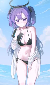 1girl absurdres bikini black_halo blue_archive blue_sky blush breasts cleavage clothes_down cloud collarbone commentary cowboy_shot day halo highres holding holding_notebook large_breasts long_hair navel notebook nundi open_mouth outdoors purple_eyes purple_hair shirt side-tie_bikini_bottom sky solo string_bikini swimsuit two_side_up v-shaped_eyebrows wet wet_clothes wet_shirt white_shirt yuuka_(blue_archive)