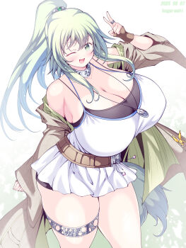 1girl :d absurdres breasts brown_gloves brown_jacket choppy_bangs cleavage commentary_request cowboy_shot dated dress duel_monster fingerless_gloves gigantic_breasts gloves green_eyes green_hair hair_between_eyes hand_up highres jacket jacket_partially_removed jewelry kogarashi_(wind_of_winter) long_hair looking_at_viewer necklace one_eye_closed open_mouth ring smile solo thighs undershirt v white_background white_dress winda_(yu-gi-oh!) winda_priestess_of_gusto yu-gi-oh!