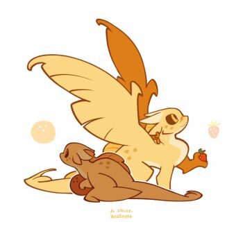 Rule 34 | age comparison, animal ear piercing, animal focus, baby animal, black sclera, chibi, chibi only, coconut, colored sclera, dragon, dual persona, flat color, food, fruit, hashtag-only commentary, highres, horns, no humans, qibli, rehtaef, sandwing (wings of fire), scar, scar on face, scar on nose, simple background, strawberry, time paradox, western dragon, white background, wings, wings of fire, yellow eyes