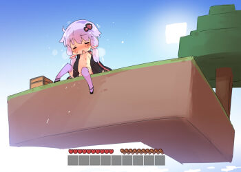1girl black_jacket black_shoes blush breasts chest_(furniture) chibi chibi_only commentary_request female_masturbation full_body hair_ornament jacket masturbation minecraft nipples open_clothes open_jacket petenshi_(dr._vermilion) purple_hair purple_thighhighs shoes sidelocks skyblock small_breasts solo spread_legs thighhighs voiceroid yuzuki_yukari