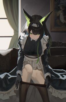 1girl absurdres adjusting_clothes adjusting_legwear ahoge alternate_costume animal_ears apron arknights black_dress black_gloves black_hair black_pantyhose breasts closed_mouth collared_dress commentary couch dot_nose dress enmaided fake_animal_ears feet_out_of_frame framed_breasts frilled_apron frilled_dress frills gloves gradient_hair green_eyes green_hair hair_intakes hair_over_one_eye highres huge_ahoge knees_together_feet_apart large_breasts light_blush long_hair long_sidelocks long_sleeves looking_down maid maid_headdress mon3tr_(arknights) multicolored_hair on_couch painting_(object) pantyhose shikyou_yoru sidelocks sitting solo white_apron white_headdress