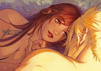 Rule 34 | 1boy, 1girl, armpit crease, blonde hair, breasts, brown eyes, brown hair, cleavage, close-up, cloud strife, collarbone, commentary, couple, earrings, english commentary, eyelashes, final fantasy, final fantasy vii, from behind, grass, hetero, jewelry, large breasts, lips, long hair, looking at another, lying, morning, nude, on side, outdoors, parted lips, red lips, short hair, sleeping, spiked hair, stud earrings, swept bangs, thar chandran, tifa lockhart, twitter username, upper body