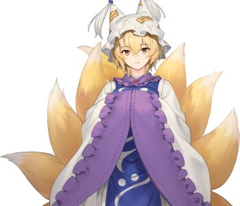 Rule 34 | 1girl, animal hat, blonde hair, blue tabard, breasts, closed mouth, dress, eho (icbm), fox tail, frilled sleeves, frills, game cg, hands in opposite sleeves, hat, kitsune, labyrinth of touhou (series), labyrinth of touhou tri, large breasts, looking at viewer, mob cap, multiple tails, official art, smile, solo, tabard, tail, third-party source, touhou, transparent background, white dress, yakumo ran, yellow eyes