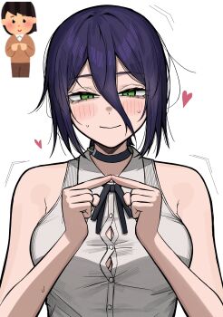 1girl absurdres aguxxxuu black_choker black_ribbon breasts button_gap chainsaw_man choker cleavage green_eyes grenade_pin grey_shirt hair_between_eyes heart highres index_fingers_together irasutoya irasutoya_challenge neck_ribbon purple_hair reference_inset reze_(chainsaw_man) ribbon shirt sleeveless sleeveless_shirt solo sweat white_background