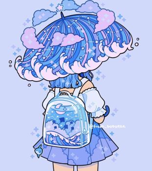 1girl bag_charm blue_background blue_clouds blue_hair blue_shirt blue_skirt blue_theme charm_(object) cloud_print constellation cowboy_shot crescent_moon emily_kim from_behind highres holding holding_umbrella liquid manta_ray medium_hair moon ocean off_shoulder original pleated_skirt puffy_short_sleeves puffy_sleeves shirt short_sleeves simple_background skirt sparkle star_(sky) transparent_bag twitter_username umbrella waves