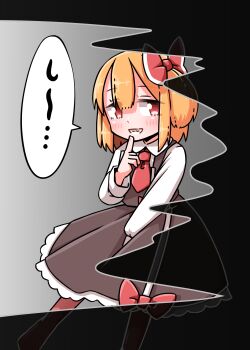 1girl black_skirt black_vest blonde_hair blush bow bow_skirt collared_shirt commentary_request darkness finger_to_mouth frilled_skirt frills grin hair_bow highres long_sleeves looking_at_viewer necktie pantyhose red_bow red_eyes red_necktie red_pantyhose roco_(katsuya1011) rumia shirt shushing skirt skirt_set smile solo speech_bubble touhou translation_request umbrakinesis vest white_shirt