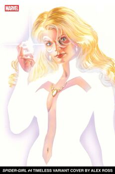 1girl alex_ross artist_name blonde_hair blue_eyes bodysuit breasts cleavage_cutout clothing_cutout comic_cover company_name copyright_name cover cover_page crescent crescent_facial_mark crystal dagger_(marvel) earrings english_text facial_mark glowing highres holding holding_crystal jewelry long_hair looking_at_viewer marvel medium_breasts navel necklace official_art realistic solo stomach_cutout superhero_costume third-party_source upper_body western_comics_(style) white_background white_bodysuit white_theme