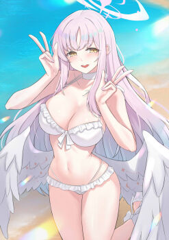 1girl ankle_bow ankle_ribbon asya bare_arms bare_shoulders beach bikini blue_archive blush bow bow_bikini breasts cleavage collarbone commentary cowboy_shot day double_v feathered_wings frilled_bikini frills halo halterneck highres large_breasts lens_flare long_hair looking_at_viewer low_wings mika_(blue_archive) mika_(swimsuit)_(blue_archive) multi-strapped_bikini_bottom multicolored_halo navel official_alternate_costume open_mouth outdoors pink_hair pink_halo ribbon sandals sidelocks smile solo standing standing_on_one_leg stomach sunlight swimsuit teeth two-tone_halo upper_teeth_only v very_long_hair water white_bikini white_bow white_halo white_sandals white_wings wings yellow_eyes