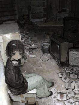 1girl absurdly_detailed_composition absurdres artist_name black_eyes black_hair black_jacket black_shoes bookshelf box can cassette_player cassette_tape cigarette crt dark drawer drink_can from_above game_cartridge game_console headphones headphones_around_neck highres holding holding_cigarette indoors jacket leather leather_jacket limited_palette loaded_interior long_sleeves looking_at_viewer maomi_jita messy_room muted_color nintendo_64 on_box original pants shoes short_hair sitting sitting_on_box solo table television