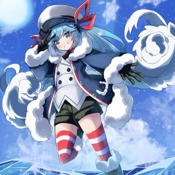 1girl aqua_hair black_boots black_coat black_gloves black_necktie black_shorts blush boots coat commentary_request fur-trimmed_boots fur-trimmed_coat fur-trimmed_sleeves fur_trim gloves gradient_hair grey_eyes hair_between_eyes hair_ornament hair_ribbon hat hatsune_miku highres jacket long_hair long_sleeves looking_at_viewer multicolored_hair necktie official_alternate_costume official_alternate_hairstyle red_hair red_ribbon red_shirt ribbon sailor_hat sasanoha_(sasanoha0712) shirt short_shorts shorts smile snowflake_print snowflakes solo striped_clothes striped_thighhighs teeth thick_thighs thighhighs thighs twintails v very_long_hair vocaloid white_hair white_jacket yuki_miku yuki_miku_(2022)