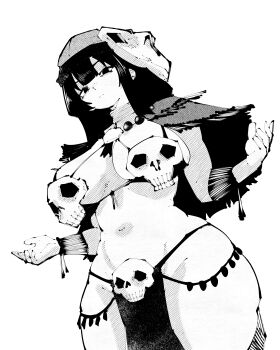 1girl absurdres breasts capelet closed_mouth cowboy_shot curvy double-parted_bangs dutch_angle greyscale hands_up hat hatching_(texture) highres large_breasts linear_hatching long_hair looking_at_viewer miregeist monochrome navel original pelvic_curtain revealing_clothes serious simple_background skull solo stomach white_background white_capelet