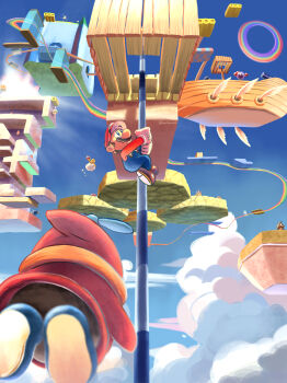 Rule 34 | ! block, 1-up mushroom, 1boy, absurdres, aircraft, airship, annotated, artist name, blue eyes, blue overalls, bob-omb, bob-omb buddy, brown hair, brown shoes, cap block (mario), chuckya, cloud, facial hair, fly guy, gloves, goomba, hat, highres, in-universe location, lakitu, lakitu's cloud, magic carpet, maribou (supermaribou), mario, mario (series), mustache, nintendo, overalls, pole, rainbow, red coin, red hat, red shirt, shirt, shoes, sky, spiny, spiny egg, super mario 64, super star (mario), twitter username, white gloves