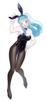 1girl animal_ear_hairband animal_ears aqua_eyes aqua_hair black_bow black_bowtie black_leotard black_pantyhose black_shoes bow bowtie breasts cleavage collarbone cone_horns detached_collar fake_animal_ears full_body hairband hand_on_own_hip highres horns leotard long_hair looking_at_viewer lum one_eye_closed open_mouth pantyhose playboy_bunny rabbit_ear_hairband rabbit_ears shoes sidelocks simple_background solo strapless strapless_leotard urusei_yatsura wara_no_taba white_background wrist_cuffs