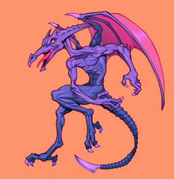 Rule 34 | 1boy, claws, colored skin, commentary, dragon, dragon wings, english commentary, highres, metroid, mlopez.artz, nintendo, open mouth, orange background, orange eyes, purple skin, ridley, sharp tail, simple background, super smash bros., tail, tongue, wings