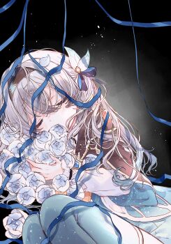 Rule 34 | 1girl, absurdres, black hairband, black jacket, blue ribbon, closed eyes, comiket 107, commentary request, firefly (honkai: star rail), flower, green thighhighs, grey hair, hair between eyes, hair ornament, hairband, highres, honkai: star rail, honkai (series), jacket, long hair, long sleeves, lying, nekoto rina, on side, ribbon, rose, solo, thighhighs, white flower, white rose