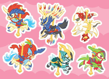 arceus blue_eyes carousel closed_mouth cobalion commentary creature english_commentary full_body gen_4_pokemon gen_5_pokemon gen_6_pokemon grey_eyes horns keldeo keldeo_(ordinary) keldeo_(resolute) legendary_pokemon mamath mythical_pokemon nintendo no_humans outline pink_background pokemon pokemon_(creature) single_horn smile virizion white_outline xerneas yellow_eyes