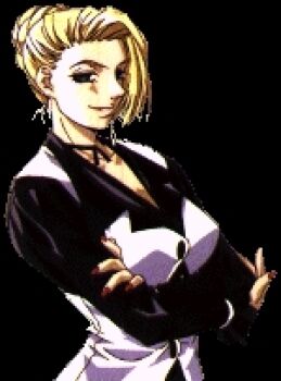 1girl blonde_hair blue_eyes breasts curvy dress earrings female_focus formal_clothes hair_bun hand_up huge_breasts jewelry large_breasts long_hair looking_at_viewer mature_(kof) pale_skin smile smiley_face suit the_king_of_fighters wide_hips