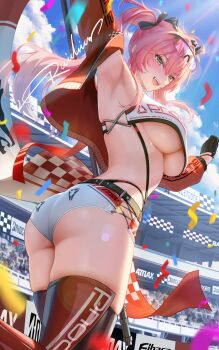 1girl arm_up armpits ass black_bow black_gloves blue_sky blush bow breasts check_clothing clothing_request commentary_request day gloves gradient_hair hair_bow headgear highres holding holding_polearm holding_weapon jacket large_breasts long_hair looking_at_viewer lupa_(wuthering_waves) multicolored_hair open_mouth outdoors pink_hair polearm race_queen raidriar_18 red_jacket red_pupils red_thighhighs short_shorts shorts side-tie_shorts signature sky smile solo thighhighs thighs underboob weapon white_shorts wuthering_waves yellow_eyes