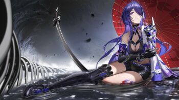 1girl absurdres acheron_(honkai:_star_rail) arm_support armor black_boots black_choker black_gloves black_shorts bone boots breasts choker cleavage coat collarbone elbow_gloves eyes_visible_through_hair fuann full_body gloves grey_background grey_sky hair_over_one_eye highres honkai:_star_rail honkai_(series) leg_tattoo long_hair long_sleeves looking_at_viewer medium_breasts midriff multicolored_hair navel oil-paper_umbrella on_water outstretched_leg outstretched_legs parted_lips planted planted_sword planted_weapon purple_eyes purple_hair red_umbrella short_shorts shorts shoulder_armor sidelocks single_bare_shoulder single_elbow_glove single_glove single_sleeve sitting sky solo streaked_hair sword tattoo thigh_boots umbrella weapon white_coat