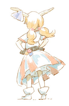 1girl alternate_hairstyle belt black_belt blonde_hair bloomers blue_bow blue_skirt bow commentary_request from_behind full_body hands_on_own_hips horn_bow horn_ornament horns ibuki_suika long_hair low_twintails shirt sketch skirt socks solo striped_clothes striped_skirt touhou twintails underwear white_background white_bloomers white_shirt white_socks ziro_(daydozen)