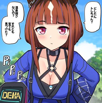 1girl animal_ears blue_sky breasts cleavage cloud commentary_request day highres horse_ears horse_girl large_breasts official_alternate_costume outdoors pink_eyes sky solo speech_bubble takiki transcend_(twilight_neokagura)_(umamusume) transcend_(umamusume) translation_request umamusume upper_body