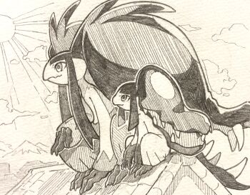 2others big_hair closed_mouth cloud day extra_mouth from_side full_body gen_3_pokemon greyscale highres knees_up long_hair looking_at_another mawile mega_mawile mega_pokemon monochrome multiple_others nintendo on_roof other_focus outdoors outline pokemon pokemon_(creature) profile sharp_teeth sidelocks sitting sketch sun sunburst teeth traditional_media very_long_hair youbu_youma