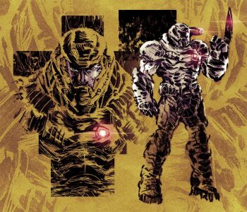 1boy armor assault_visor doom_(series) doomguy energy_gun green_armor grey_visor male_focus mark_of_the_doom_slayer plasma_rifle praetor_suit solo space_marine teoft weapon