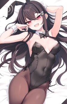 1girl :d animal_ear_hairband animal_ears armpits arms_up bed_sheet black_bow black_bowtie black_hair black_leotard bow bowtie breasts brown_pantyhose commentary_request covered_navel detached_collar fake_animal_ears hair_ornament hairband hairclip highleg highleg_leotard highres leotard long_hair looking_at_viewer lying medium_breasts on_back open_mouth original otokuyou pantyhose playboy_bunny rabbit_ear_hairband rabbit_ears red_eyes side-tie_leotard smile solo strapless strapless_leotard teeth upper_teeth_only white_wrist_cuffs wrist_cuffs