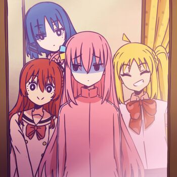 4girls ahoge animated animated_gif blank_stare blonde_hair blue_hair bocchi_the_rock! bow cube_hair_ornament curtains gotoh_hitori greedydeviant grin hair_between_eyes hair_ornament ijichi_nijika kessoku_band kita_ikuyo long_hair looking_at_viewer looking_to_the_side mole mole_under_eye multiple_girls omori pink_hair pink_track_suit red_bow red_hair school_uniform shaded_face shimokitazawa_high_school_uniform short_hair smile track_suit upper_body yamada_ryo