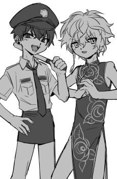 2boys absurdres braid breast_pocket character_request china_dress chinese_clothes collared_shirt copyright_request crossdressing crossdressing_(mtf) dress fangs greyscale hair_between_eyes hand_on_own_hip hat highres holding_baton_(weapon) looking_at_viewer male_focus menma_(enaic31) monochrome multiple_boys necktie open_mouth pencil_skirt pocket shirt short_hair simple_background single_braid sketch skirt sleeveless sleeveless_dress teeth