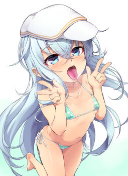 1girl absurdres barefoot bikini blush cheese_(cheese_koubou) crossed_bangs double_w female_focus flat_cap gradient_background green_bikini hair_between_eyes hat hibiki_(kancolle) highres kantai_collection loli long_hair looking_at_viewer micro_bikini open_mouth saliva side-tie_bikini_bottom signature silver_hair simple_background solo swimsuit tongue tongue_out verniy_(kancolle) very_long_hair w waiting_for_cum white_hat