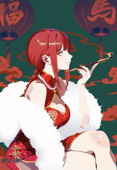 1girl braid braided_ponytail breasts chainsaw_man china_dress chinese_clothes chinese_commentary cleavage cleavage_cutout closed_mouth clothing_cutout crossed_legs dress from_side fur-trimmed_dress fur_trim goone207 highres holding holding_smoking_pipe kiseru lantern light_smile looking_at_viewer makima_(chainsaw_man) medium_breasts orange_eyes paper_lantern red_dress red_hair red_nails ringed_eyes side_slit sidelocks single_braid smoking_pipe solo twitter_username upper_body