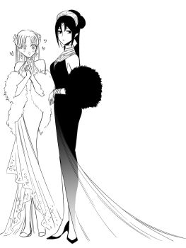 2girls :d bare_shoulders blush bracelet breasts closed_mouth commentary_request d'orsay_heels diamond_earrings dress earrings empty_eyes evening_gown expressionless feather_boa flower flower-shaped_pupils flower_earrings forehead_jewel from_side full_body genderswap genderswap_(mtf) greyscale hades_(ohitsuji_ei) hair_bun hair_flower hair_ornament halter_dress halterneck heart high_heels highres jewelry jitome long_dress long_hair looking_at_another looking_at_viewer looking_to_the_side medium_breasts monochrome multiple_girls ohitsuji_ei open_mouth own_hands_together parted_bangs persephone_(ohitsuji_ei) see-through_dress_layer simple_background sleeveless sleeveless_dress smile standing symbol-shaped_pupils tiara white_background yukai_na_shintouki