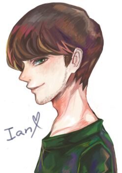 1boy 2011 absurdres bowl brown_hair english_text green_eyes green_shirt happy heart highres ian_hecox kima male_focus painting_(medium) portrait real_life shirt simple_background smile smosh traditional_media white_background youtube